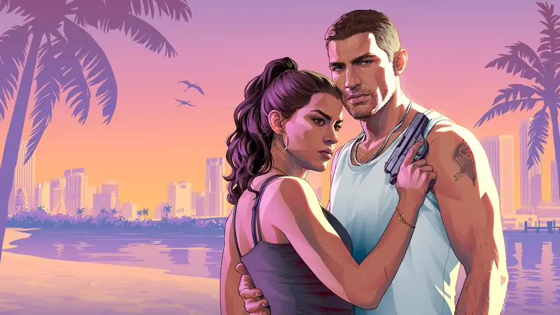 Grand Theft Auto VI artwork of Jason and Lucia on a Leonida beach at golden hour.