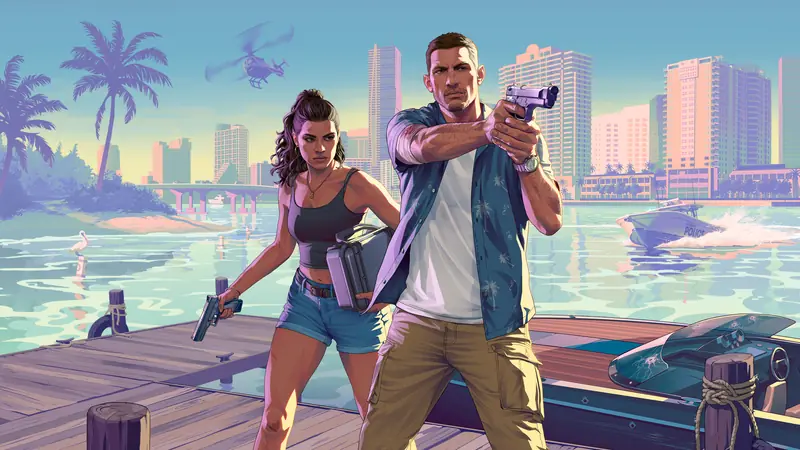 Grand Theft Auto VI artwork of Jason and Lucia in a convertible on a Leonida highway.