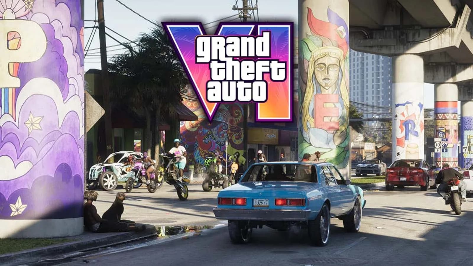 A Grand Theft Auto VI street scene beneath a painted overpass in Vice City, with cars, dirt bikes and pedestrians.