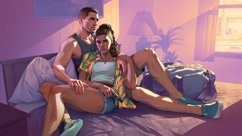 Grand Theft Auto VI artwork of Jason and Lucia at a Leonida motel.