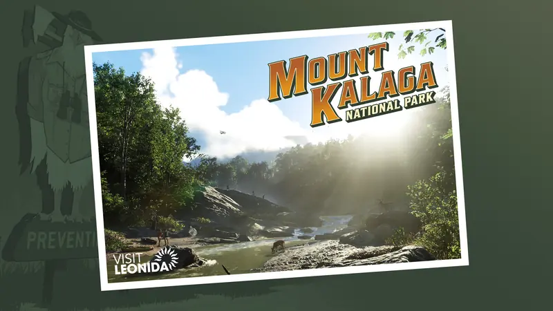 Grand Theft Auto VI Mount Kalaga National Park postcard artwork: forested ridges and streams.