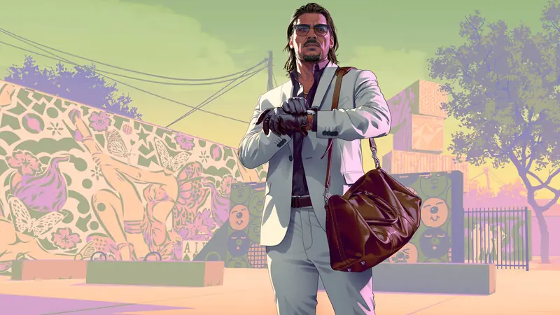 Official Grand Theft Auto VI character artwork of Raul Bautista beside a car.