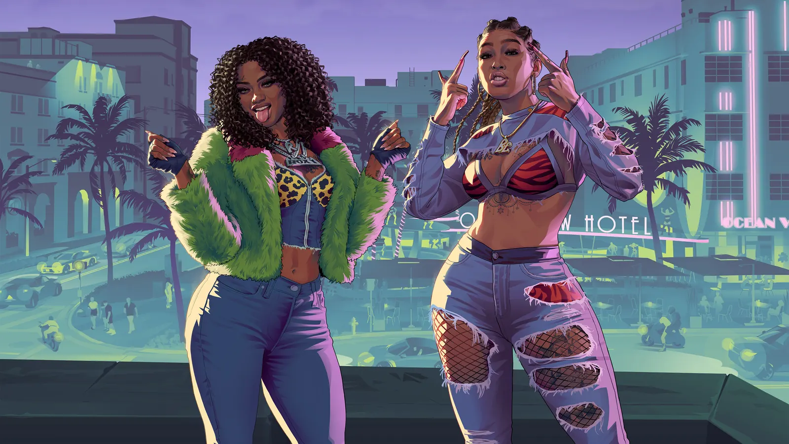 Grand Theft Auto VI artwork of the duo Real Dimez performing in Vice City.