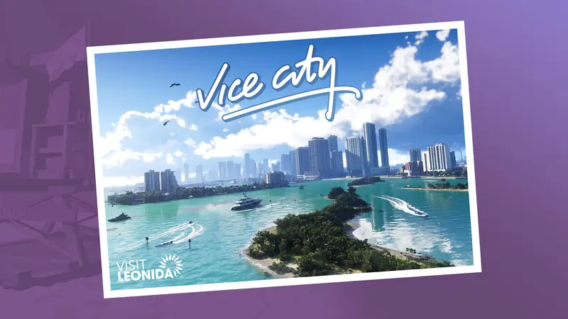 Grand Theft Auto VI Vice City postcard artwork: neon-lit beachfront skyline at dusk.