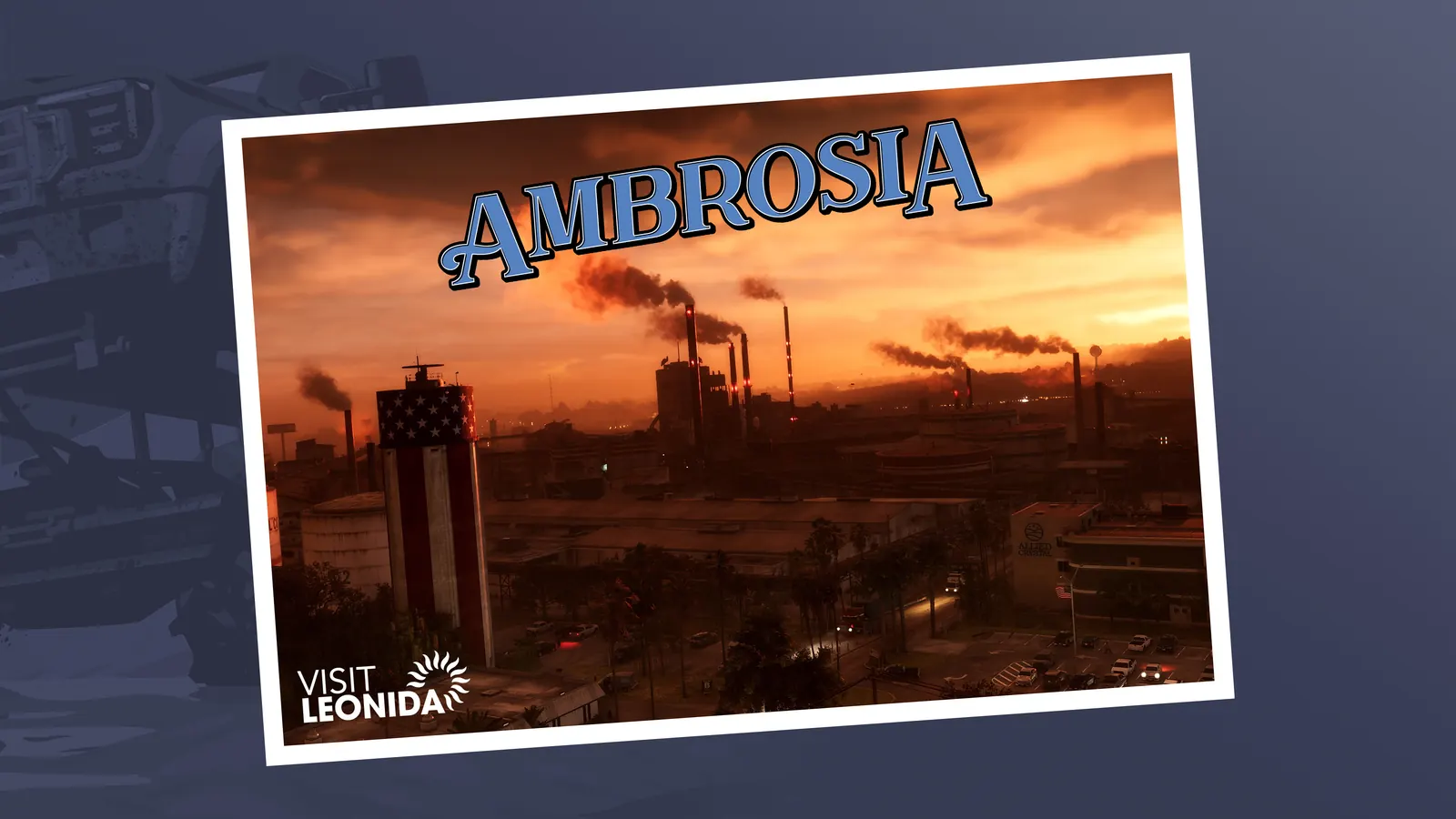Ambrosia postcard artwork: sugar-cane fields and industrial refinery buildings inland.