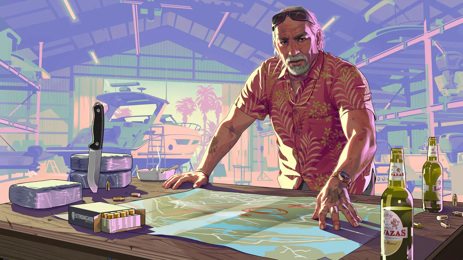 Official Grand Theft Auto VI character artwork of Brian Heder on a boat.
