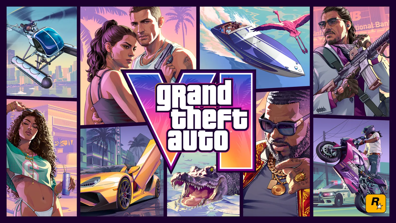 Official Grand Theft Auto VI cover artwork showing Jason and Lucia against a Vice City sunset.