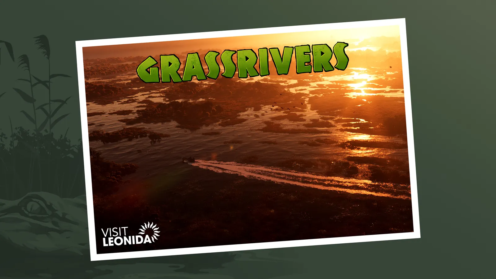 Grand Theft Auto VI Grassrivers postcard artwork: airboat over Leonida wetlands.