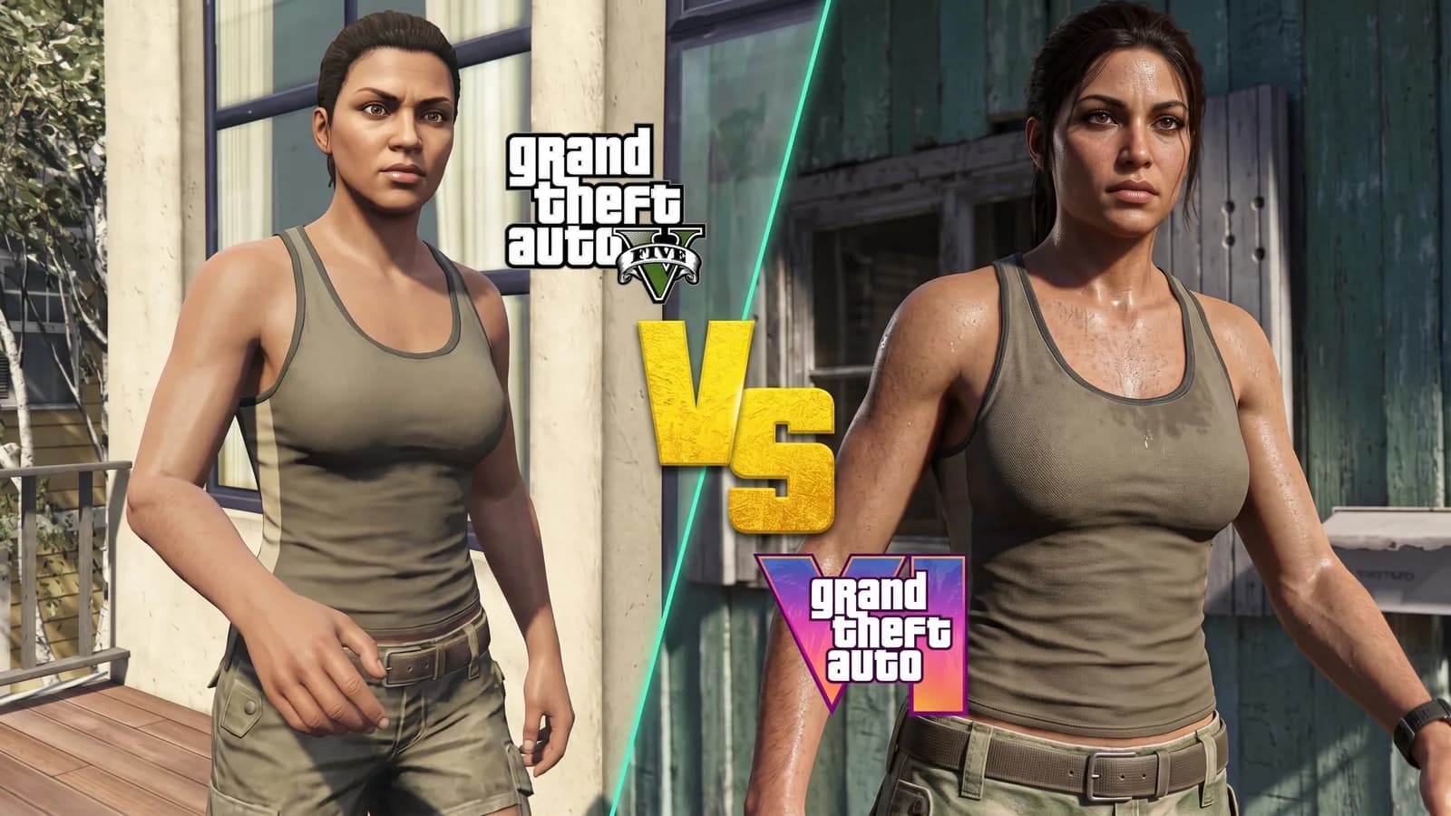 A GTA 5 character model beside a GTA 6 character model in the same pose, split by a diagonal divider, with both game logos.