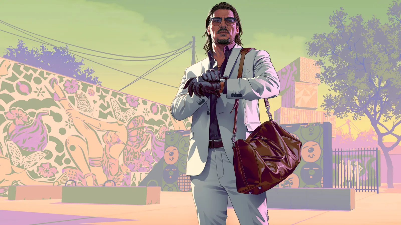 Official Grand Theft Auto VI character artwork of Raul Bautista beside a car.