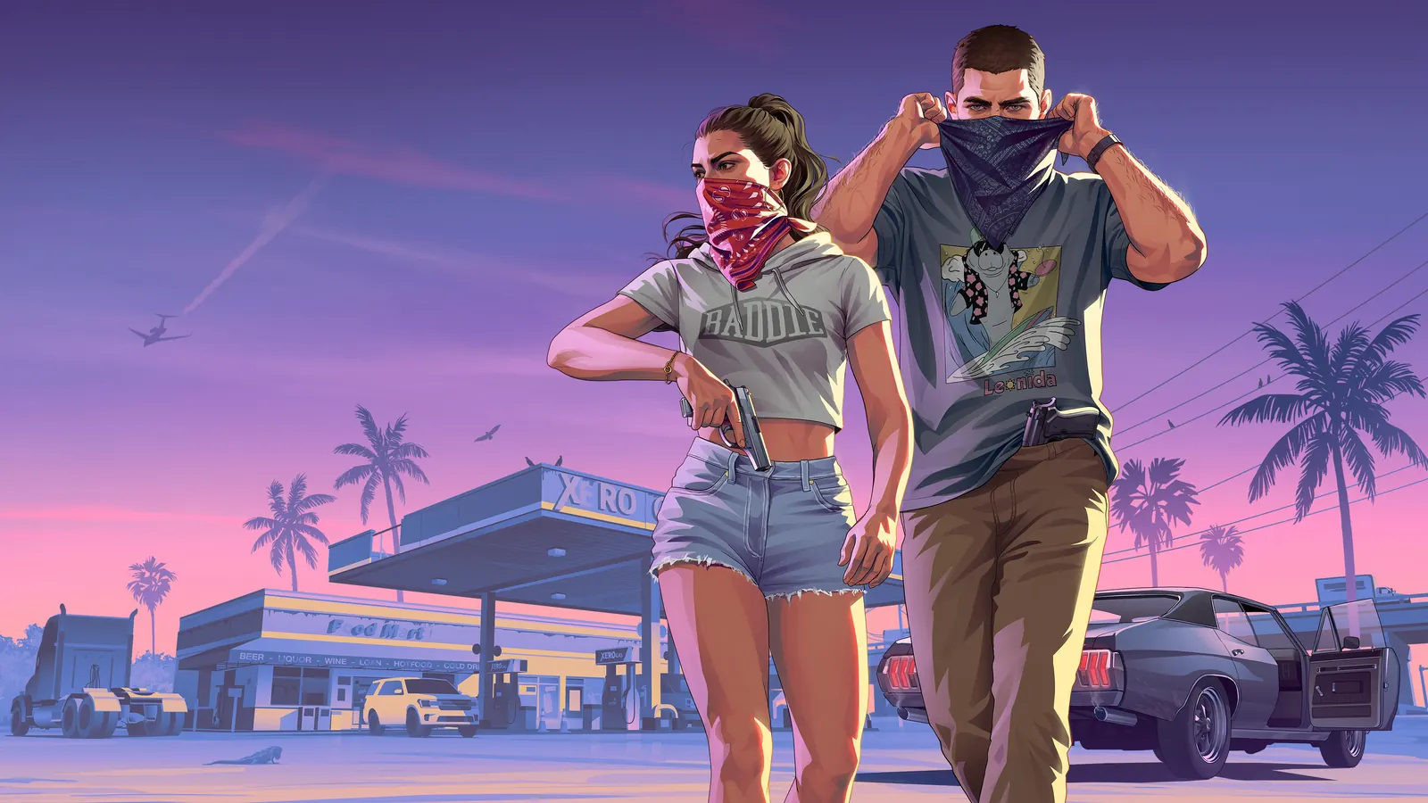 Grand Theft Auto VI artwork of Jason and Lucia mid-robbery.